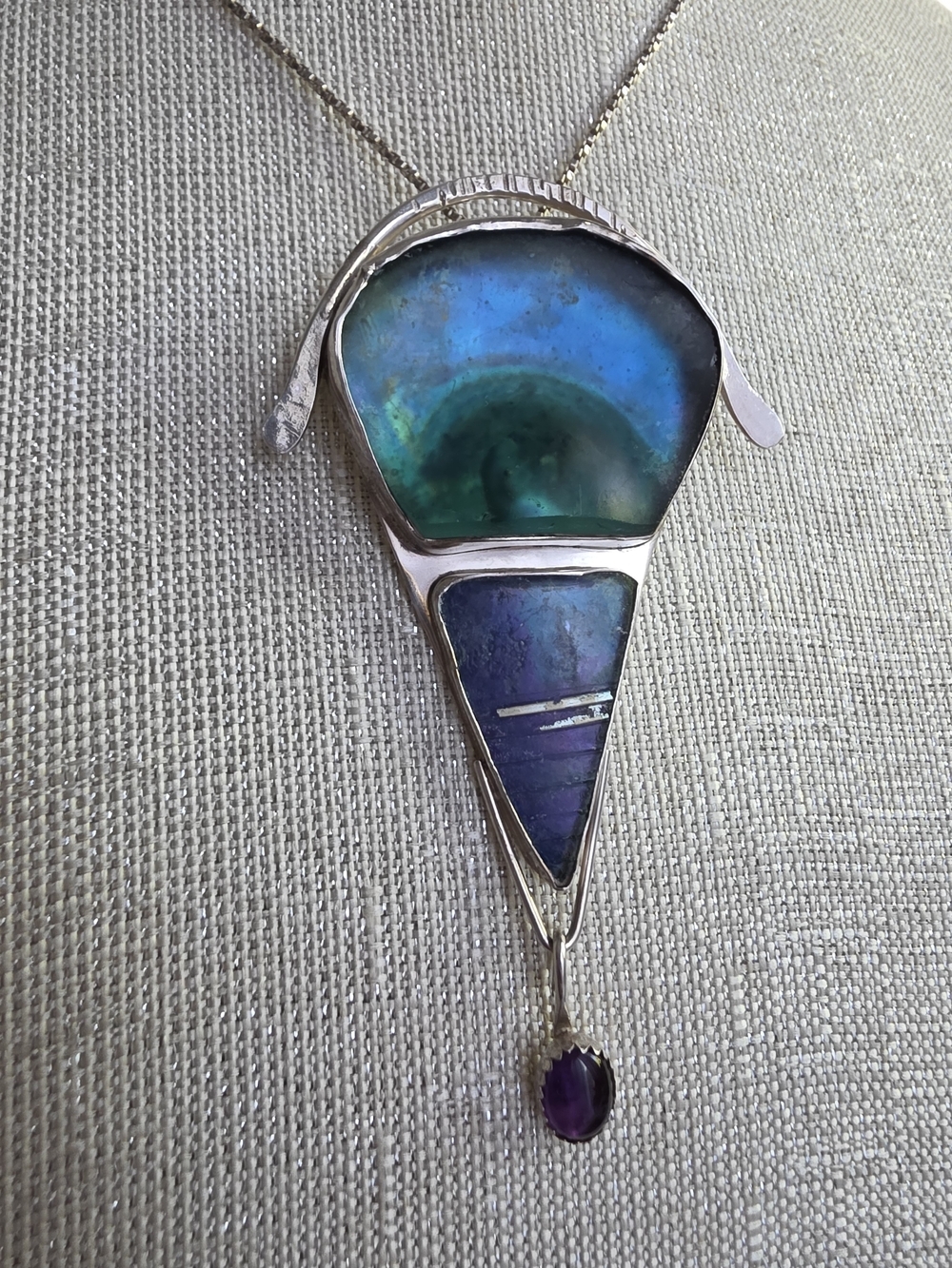 Vintage Jackie Cohen Signed 925 Ancient Roman Glass & Amethyst Pendant Brooch - Picture 2 of 10